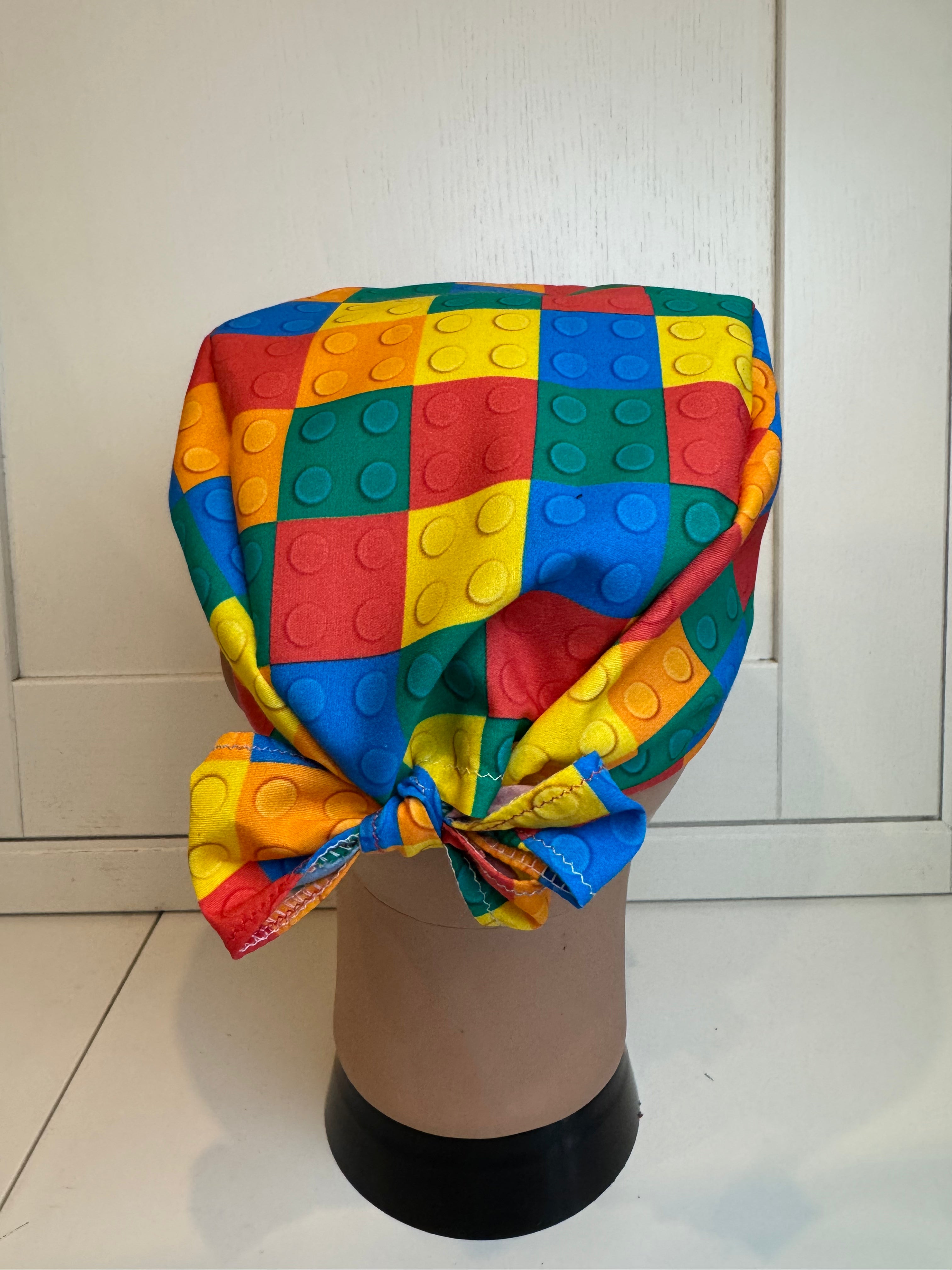 Bright Bricks 100% Cotton Tie-Back Surgical/Theatre Scrub Hat/Cap. UK Handmade