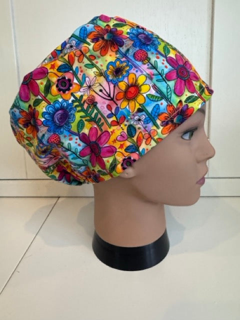Bright Summer Flowers Premium Cotton Jersey super soft theatre scrub hat/cap.