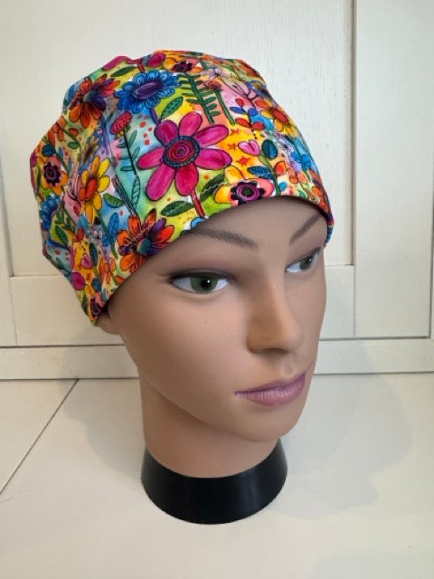 Bright Summer Flowers Premium Cotton Jersey Super Soft Surgical/Theatre Scrub Hat/Cap. UK Handmade