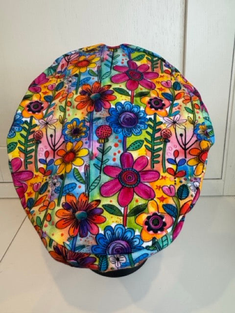 Bright Summer Flowers Premium Cotton Jersey Super Soft Surgical/Theatre Scrub Hat/Cap. UK Handmade