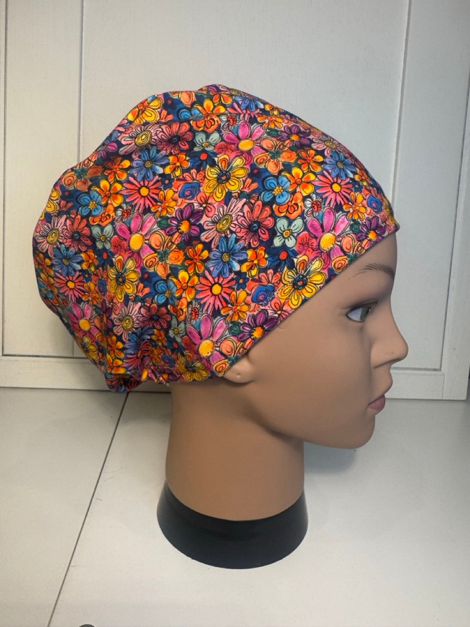 Doodle Flowers Premium Cotton Jersey super soft theatre scrub hat/cap.