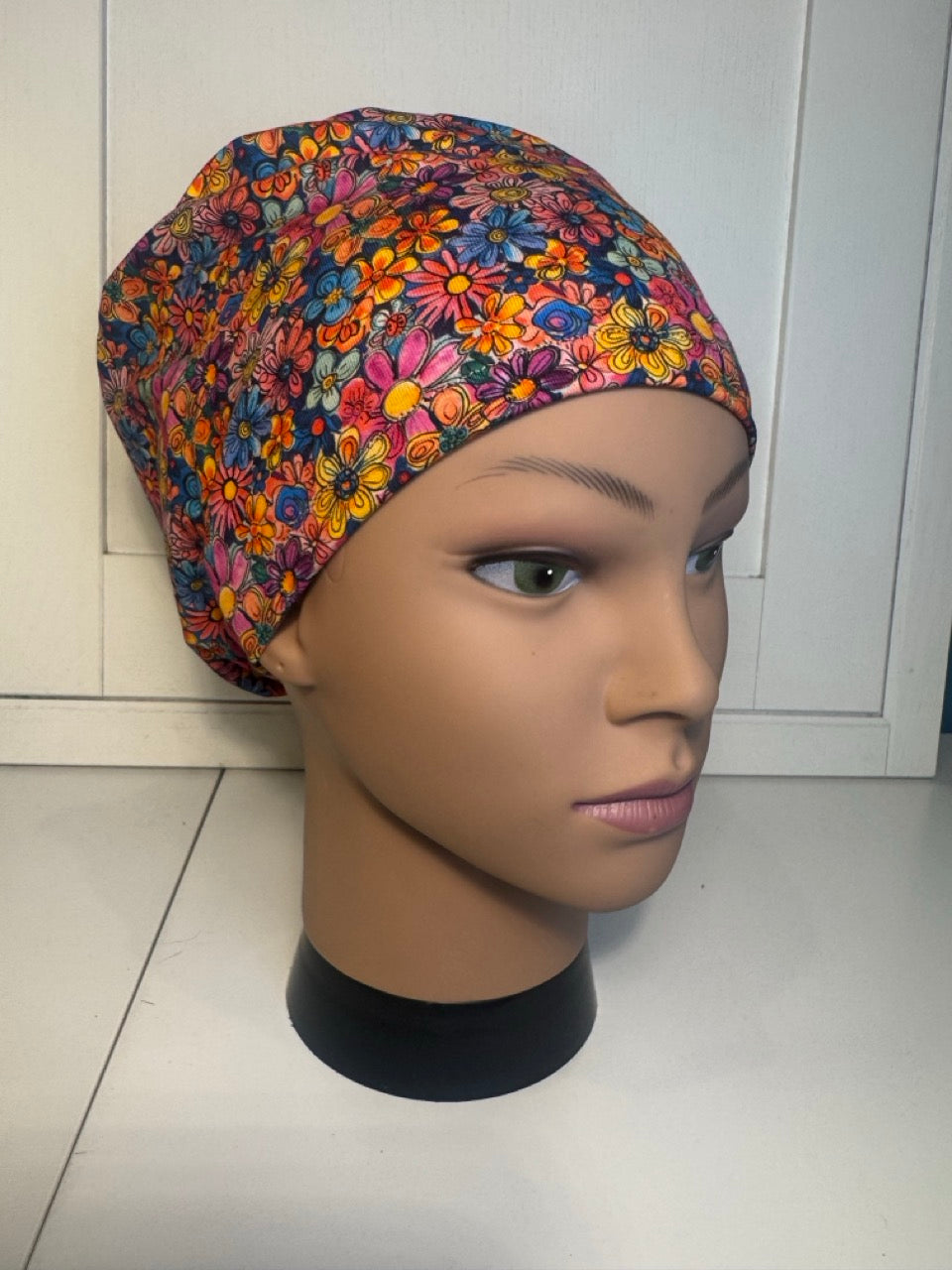 Doodle Flowers Premium Cotton Jersey super soft theatre scrub hat/cap.