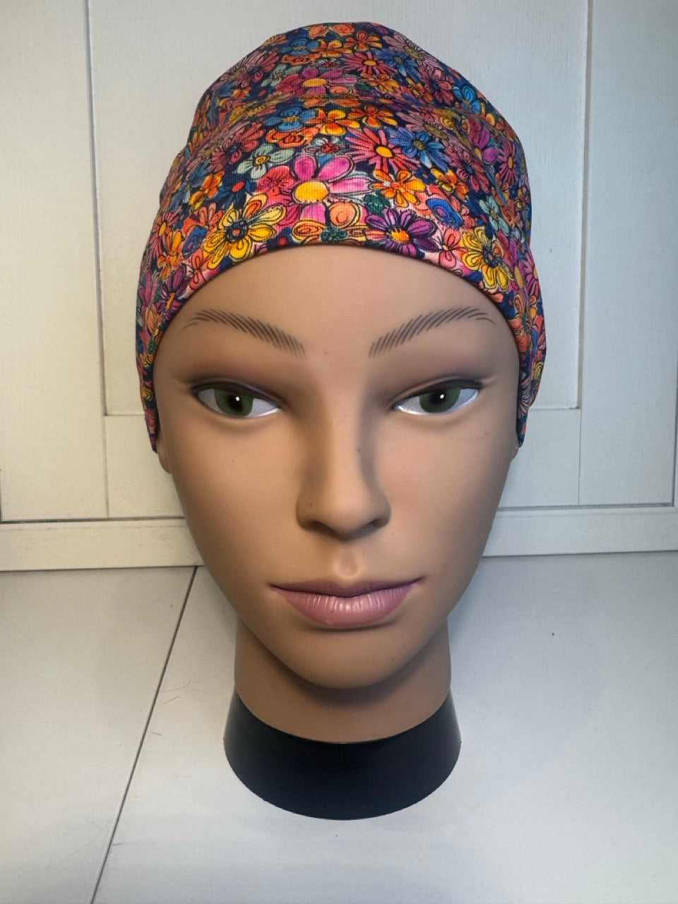 Doodle Flowers Premium Cotton Jersey super soft theatre scrub hat/cap.