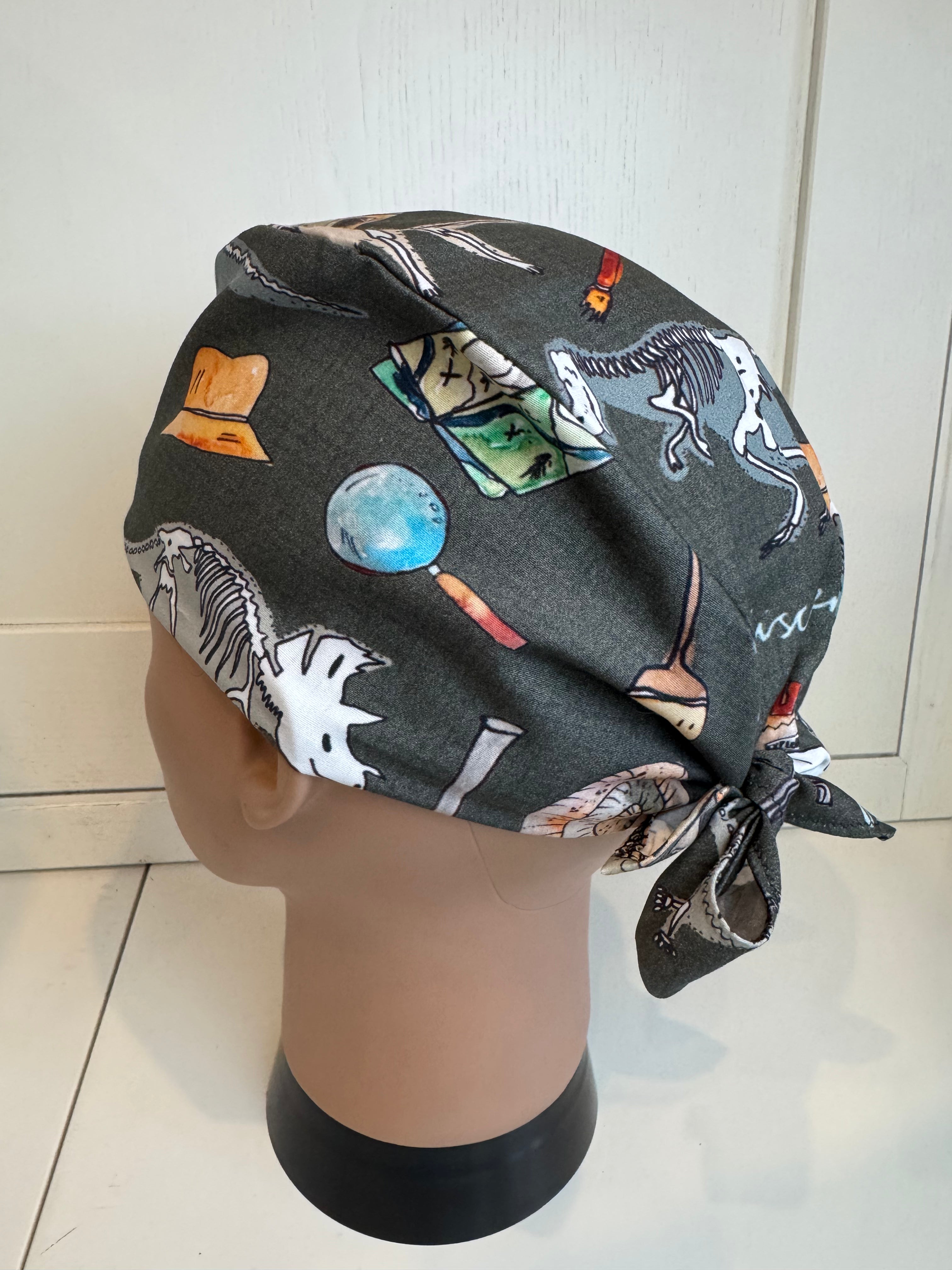 Dinosaur Discovery Cotton Tie Back Scrub Cap/ Theatre Hat. UK Handmade