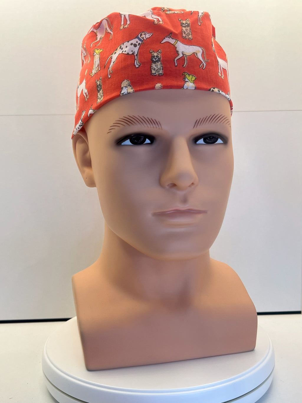Coral Dogs Cotton Fabric tie-back theatre scrub cap / hat.  Ethically made