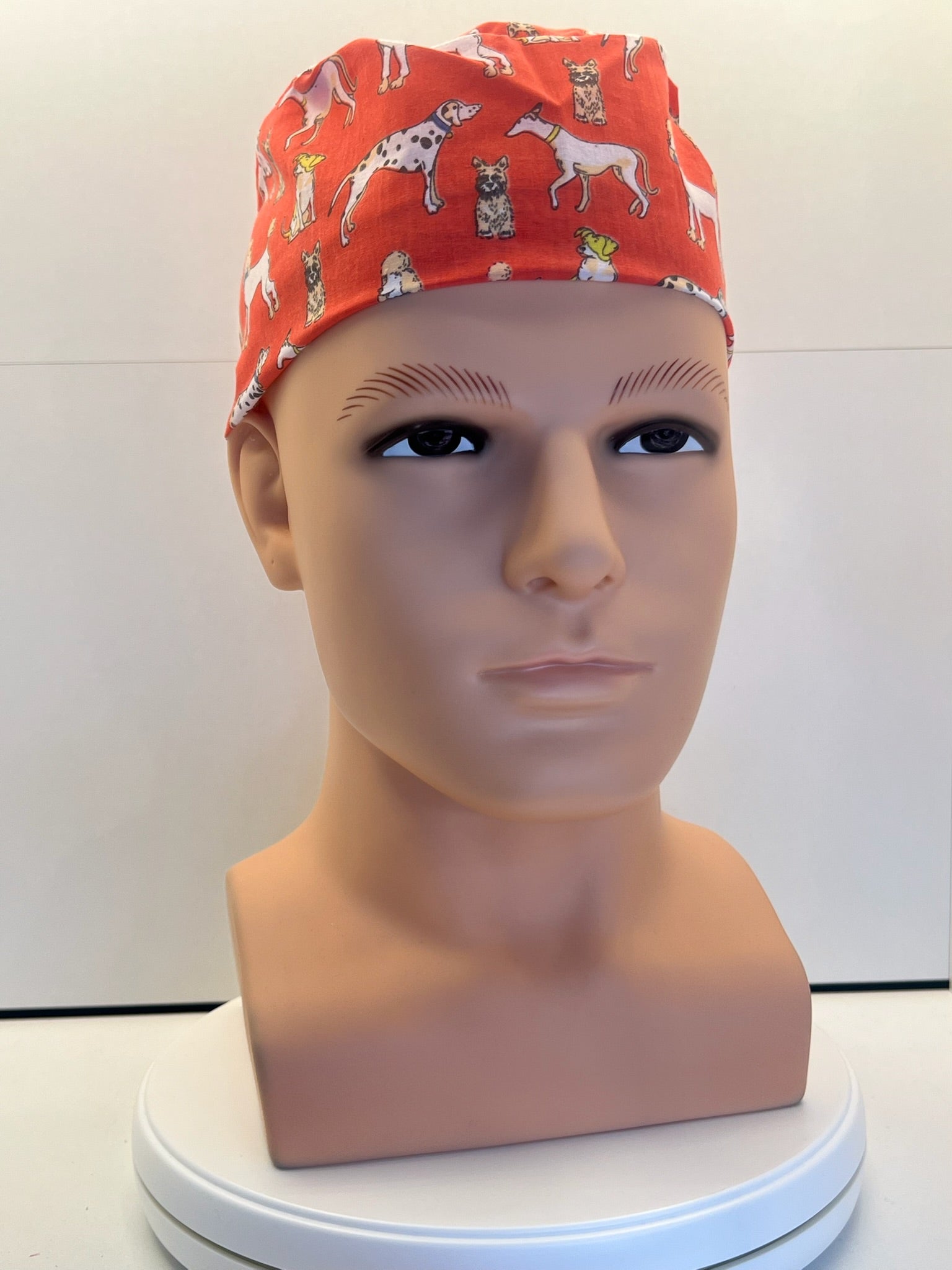 Coral Dogs Cotton Fabric tie-back theatre scrub cap / hat.  Ethically made