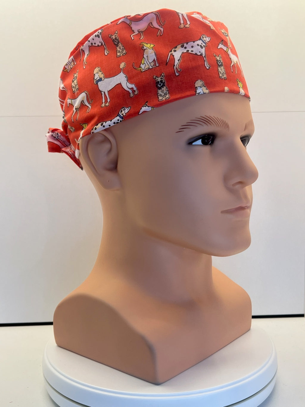 Coral Dogs Cotton Fabric tie-back theatre scrub cap / hat.  Ethically made