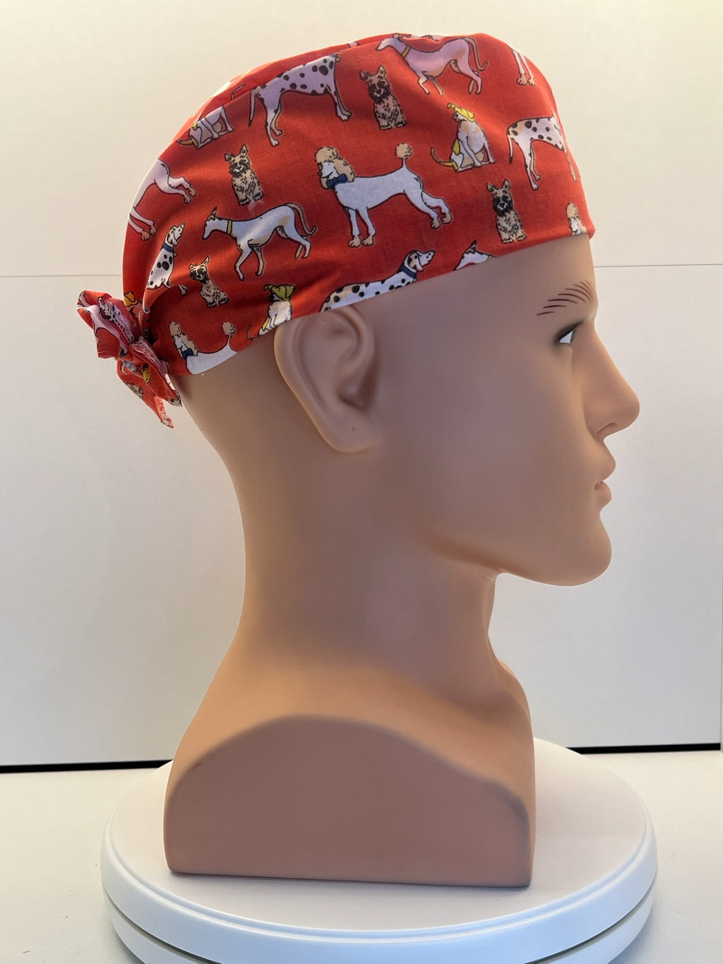 Coral Dogs Cotton Fabric tie-back theatre scrub cap / hat.  Ethically made
