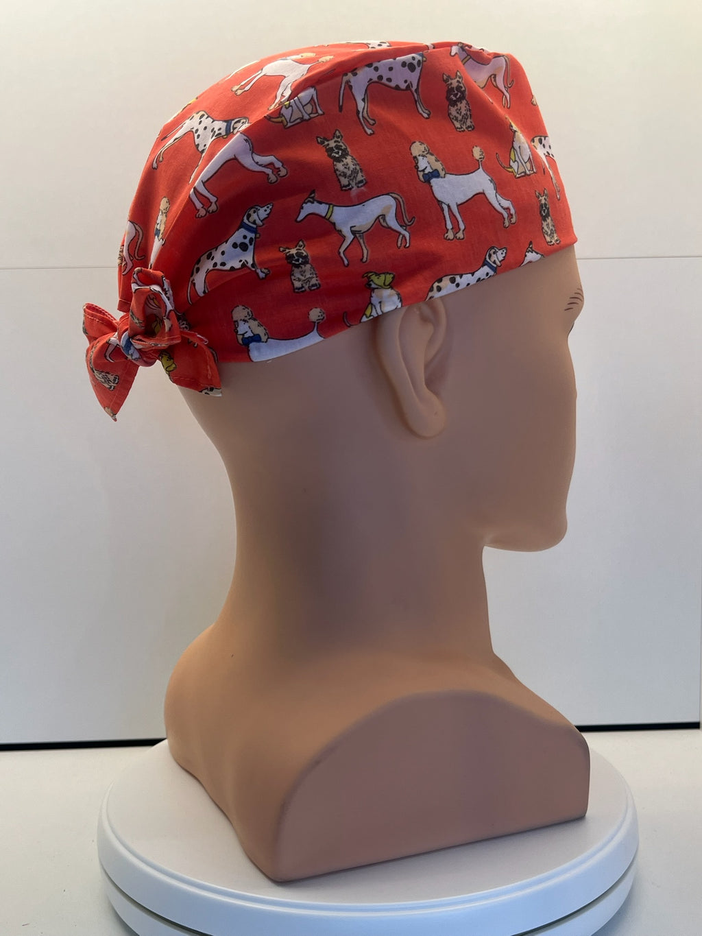 Coral Dogs Cotton Fabric tie-back theatre scrub cap / hat.  Ethically made