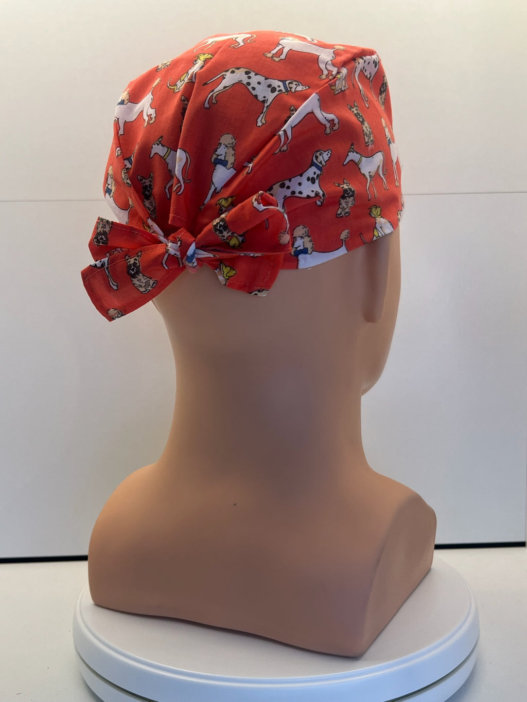 Coral Dogs Cotton Fabric tie-back theatre scrub cap / hat.  Ethically made