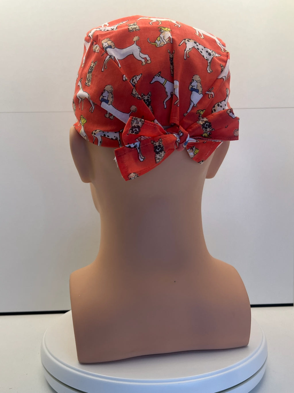 Coral Dogs Cotton Fabric tie-back theatre scrub cap / hat.  Ethically made