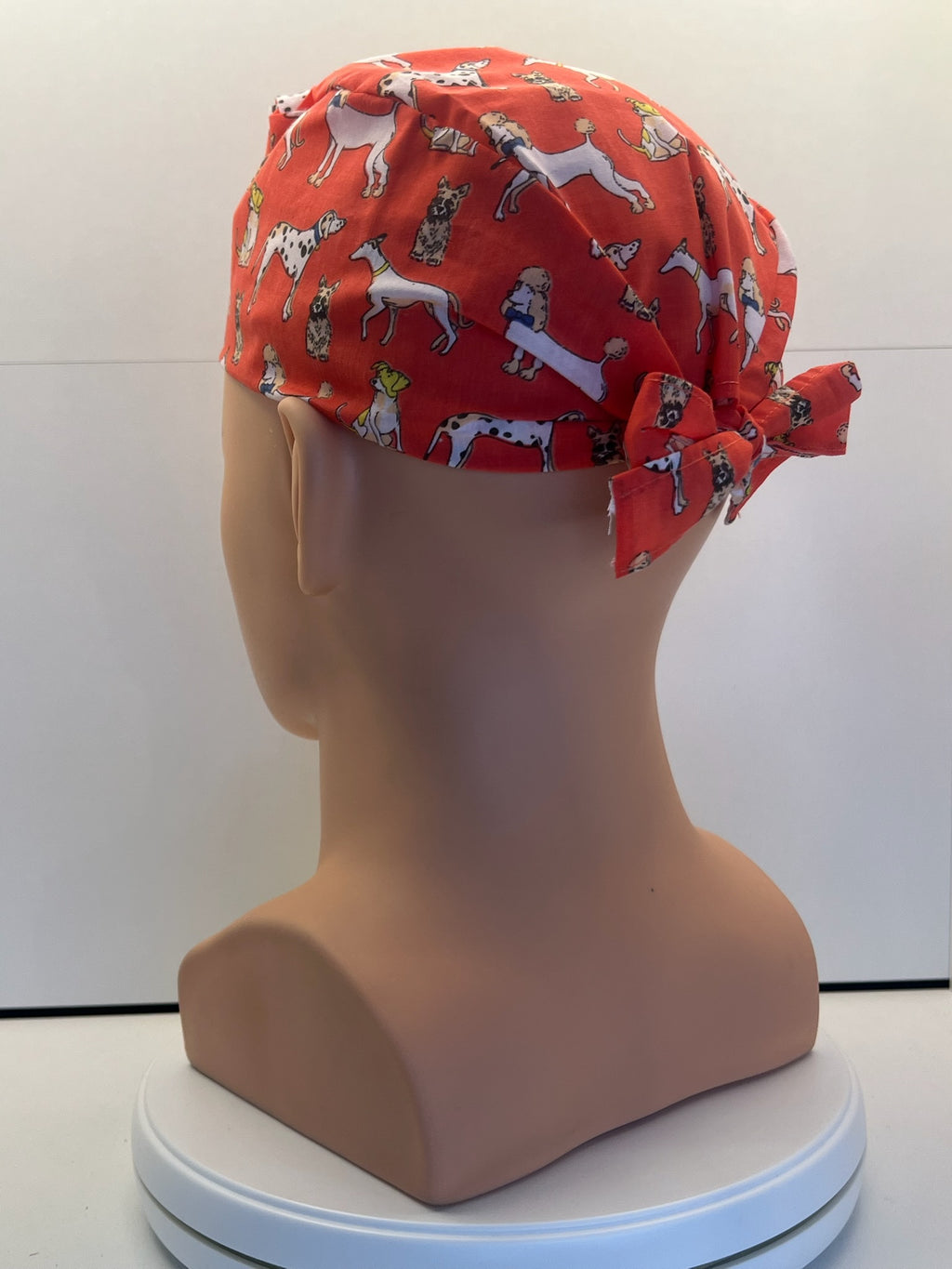Coral Dogs Cotton Fabric tie-back theatre scrub cap / hat.  Ethically made