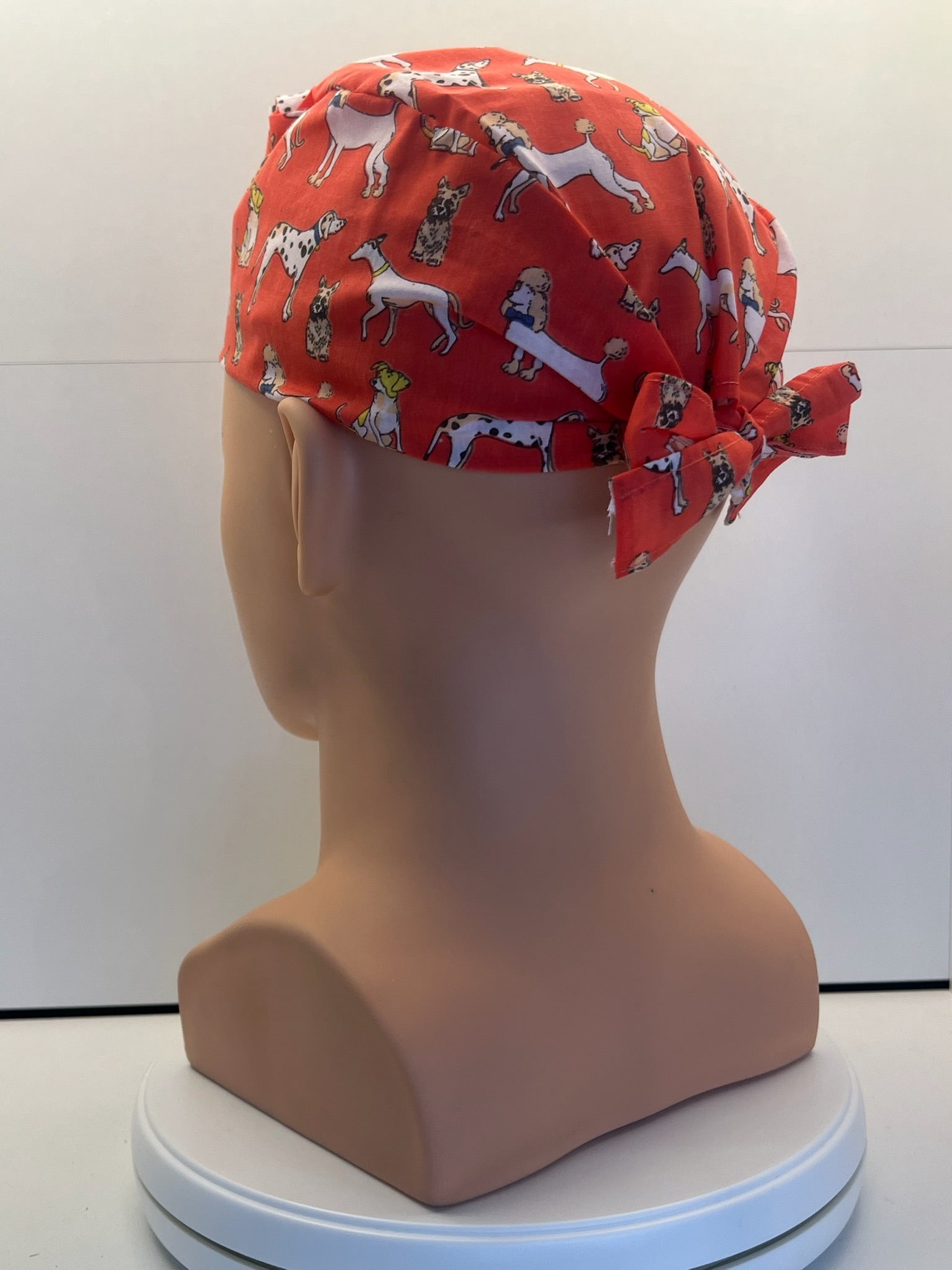 Coral Dogs Cotton Fabric tie-back theatre scrub cap / hat.  Ethically made