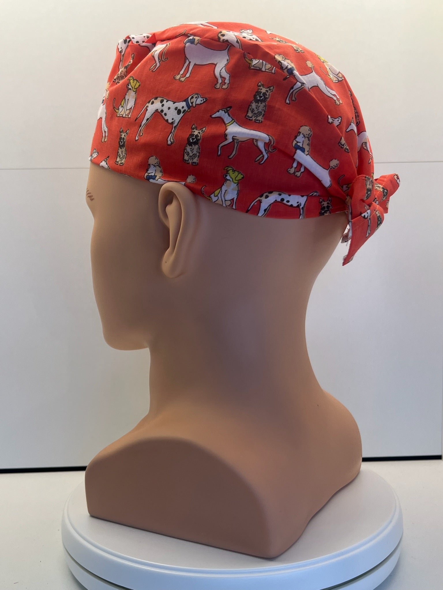 Coral Dogs Cotton Fabric tie-back theatre scrub cap / hat.  Ethically made