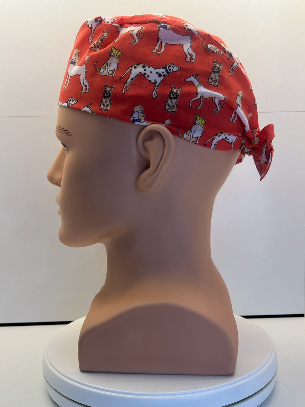 Coral Dogs Cotton Fabric tie-back theatre scrub cap / hat.  Ethically made