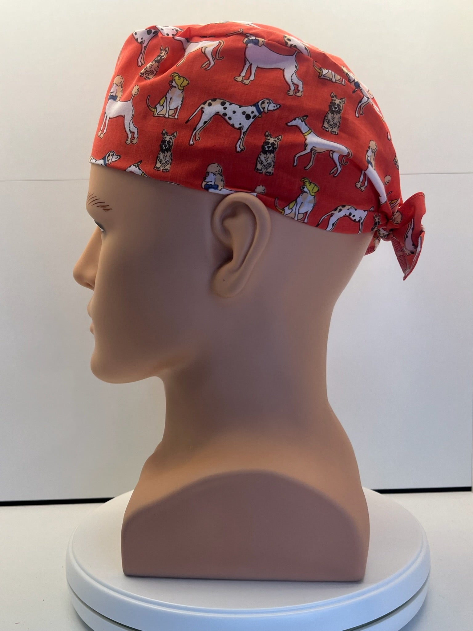 Coral Dogs Cotton Fabric tie-back theatre scrub cap / hat.  Ethically made