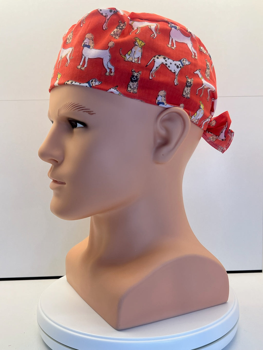 Coral Dogs Cotton Fabric tie-back theatre scrub cap / hat.  Ethically made