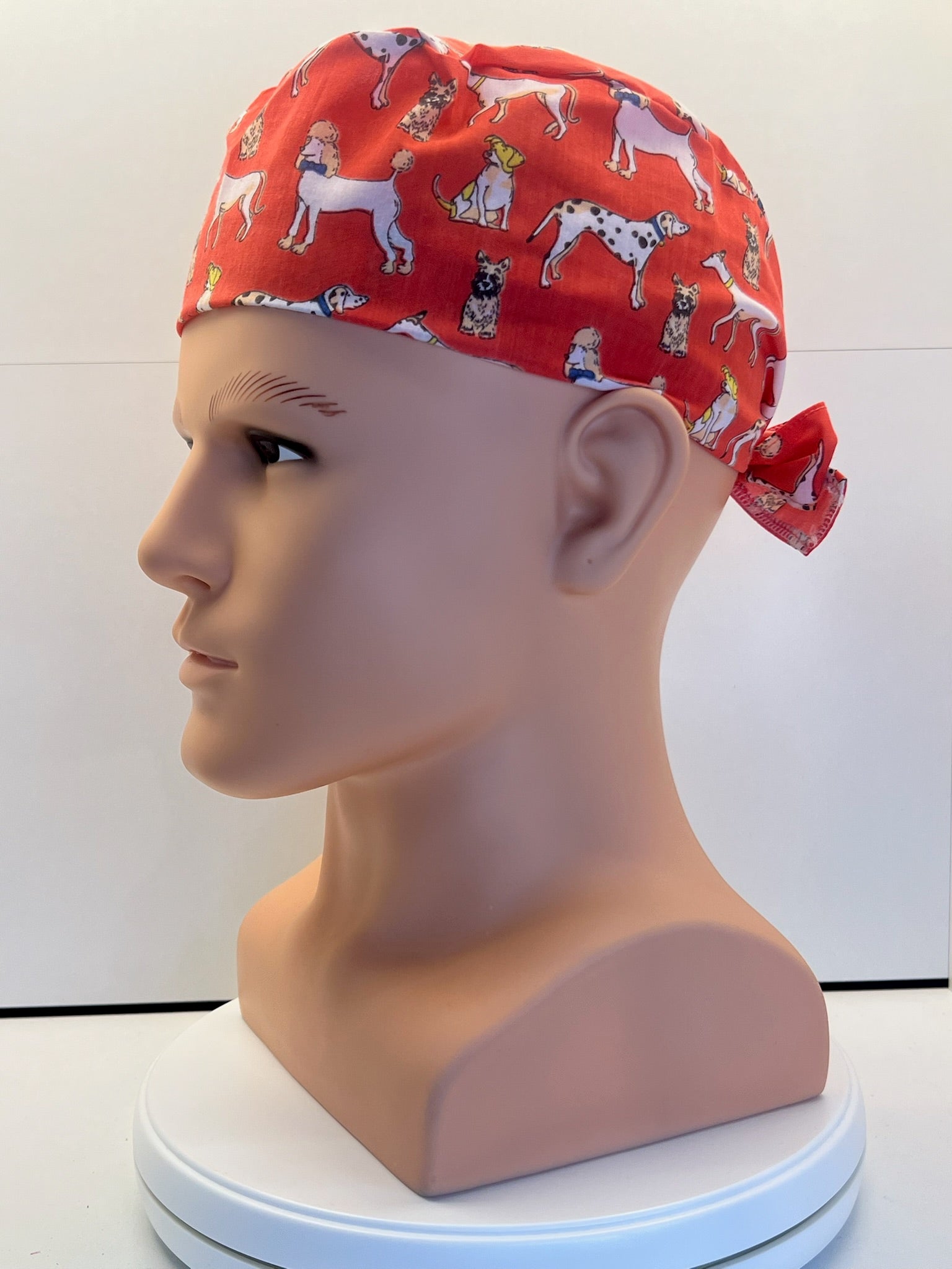 Coral Dogs Cotton Fabric tie-back theatre scrub cap / hat.  Ethically made