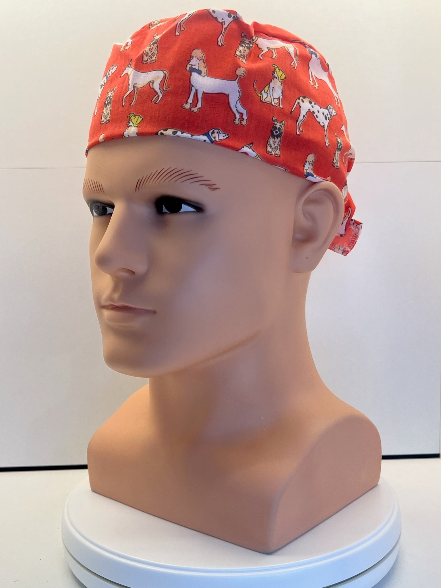 Coral Dogs Cotton Fabric tie-back theatre scrub cap / hat.  Ethically made