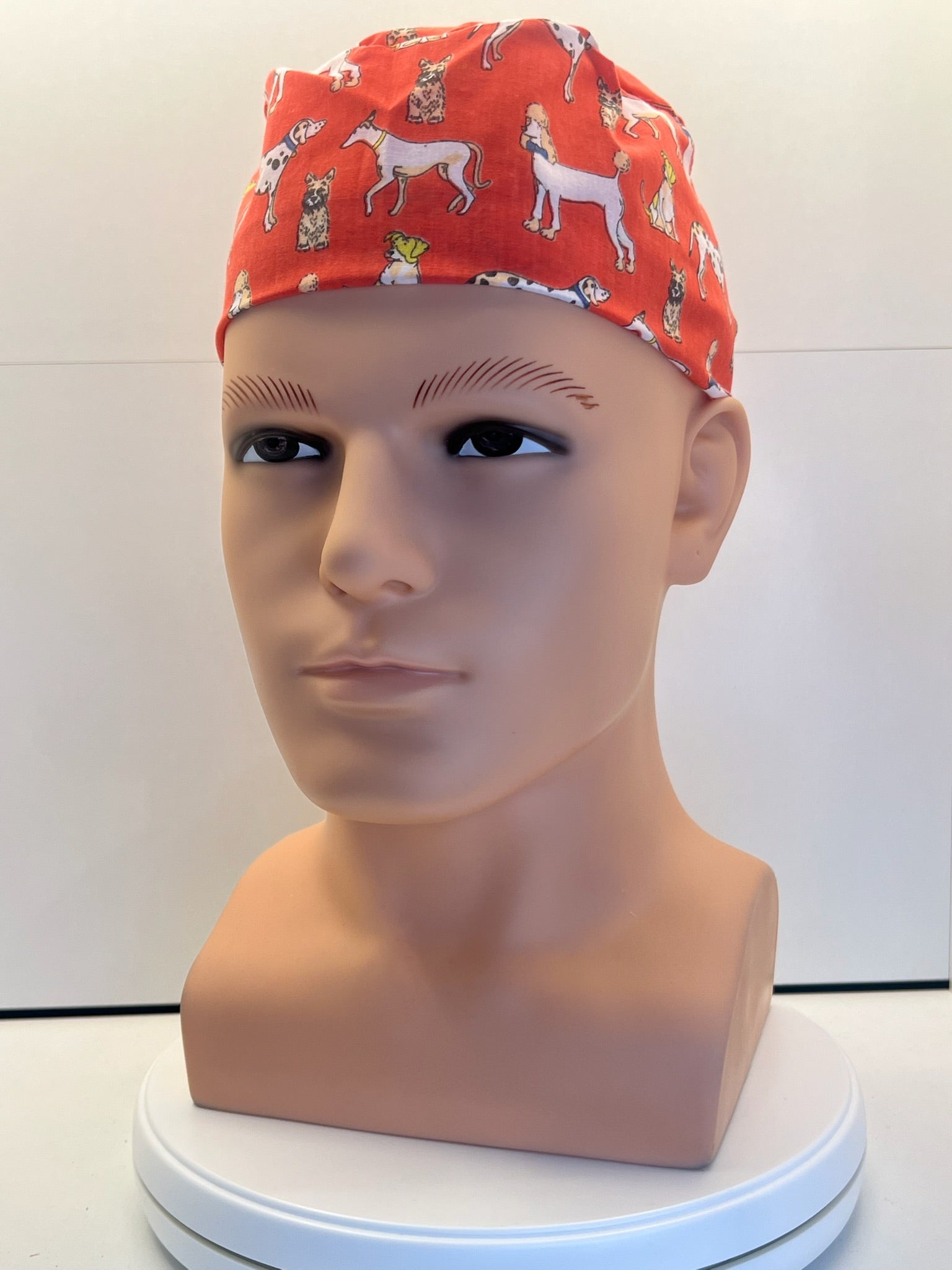Coral Dogs Cotton Fabric tie-back theatre scrub cap / hat.  Ethically made