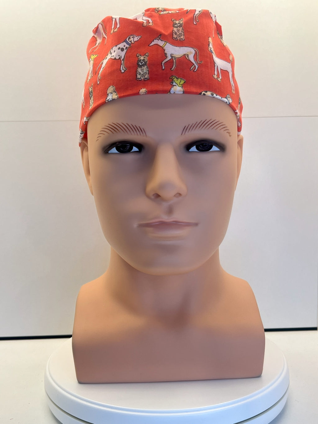 Coral Dogs Cotton Fabric tie-back theatre scrub cap / hat.  Ethically made