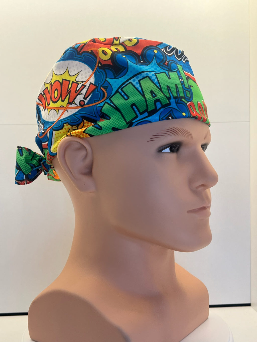 Bright Superhero Slogans Cotton Fabric tie-back theatre scrub cap / hat
