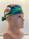 Bright Superhero Slogans Cotton Fabric tie-back theatre scrub cap / hat