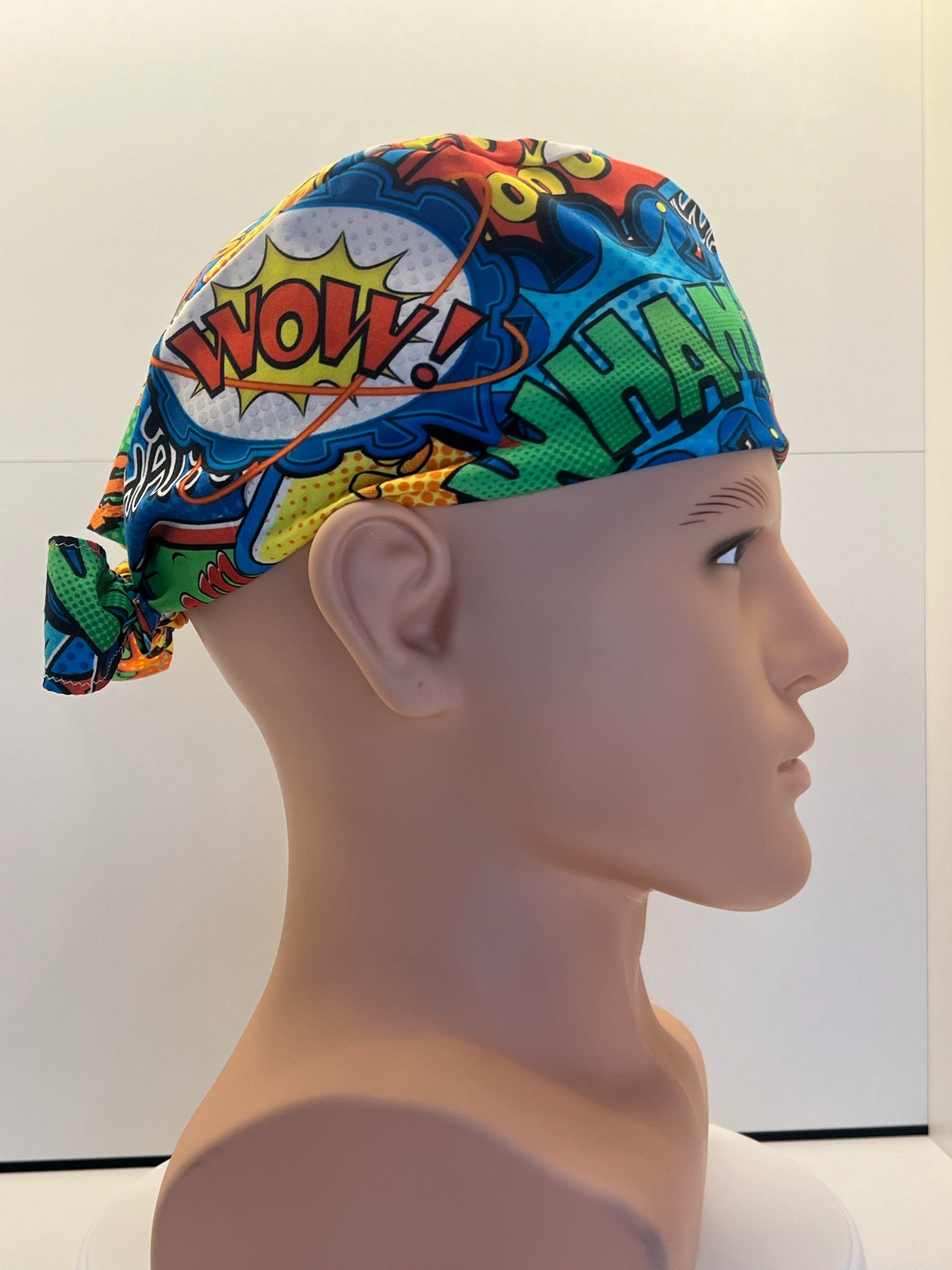 Bright Superhero Slogans Cotton Fabric tie-back theatre scrub cap / hat