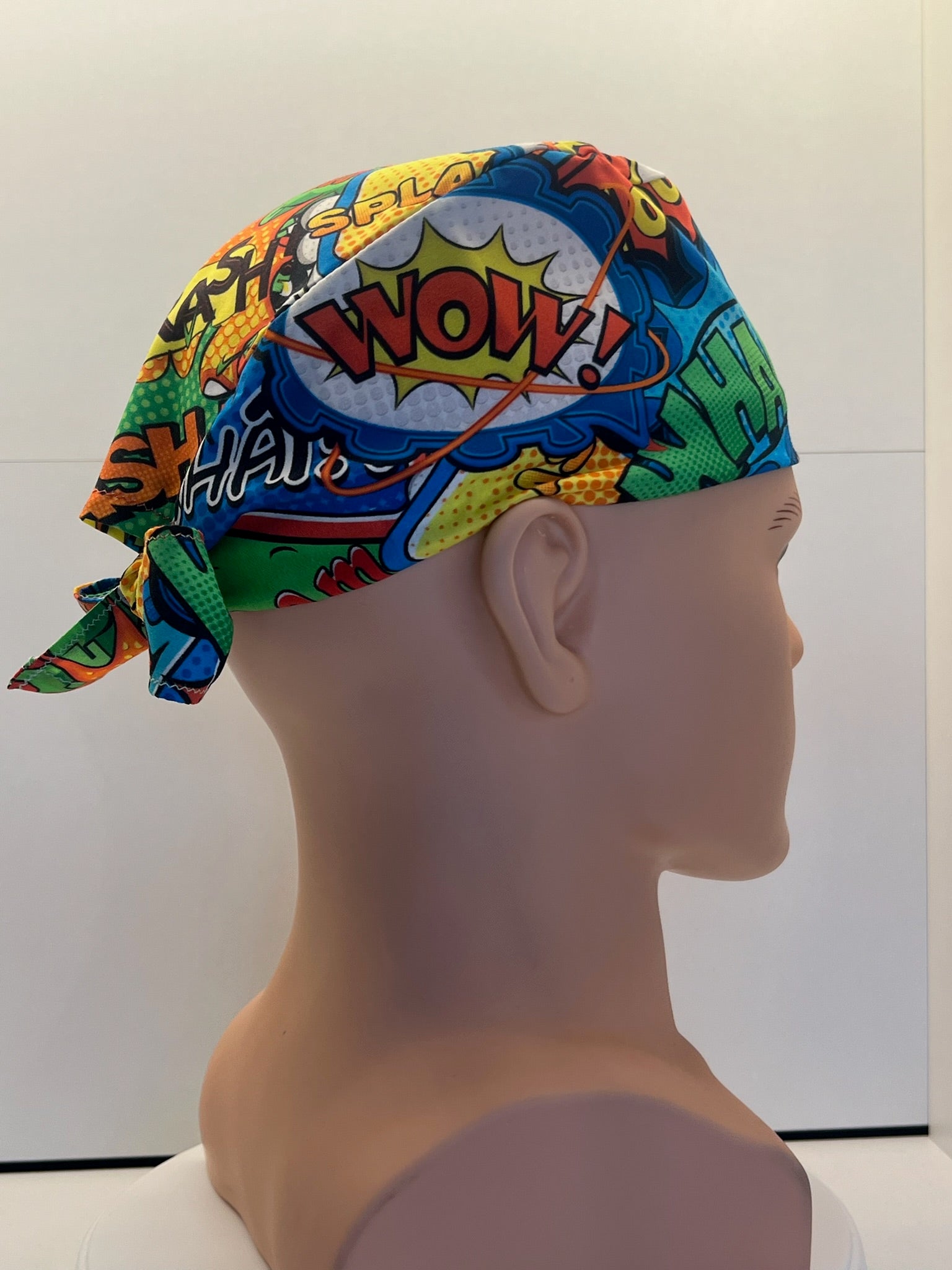 Bright Superhero Slogans Cotton Fabric tie-back theatre scrub cap / hat
