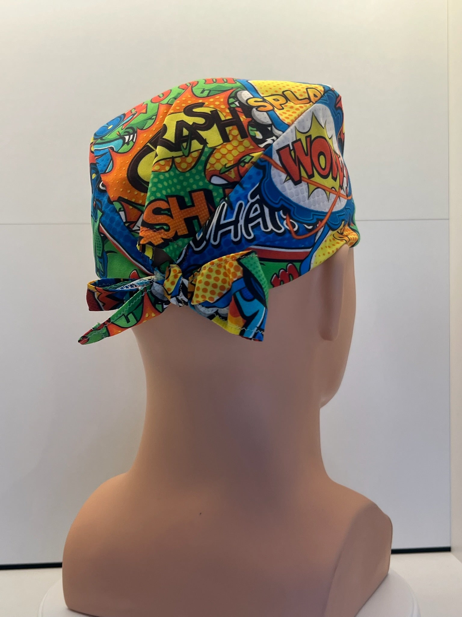 Bright Superhero Slogans Cotton Fabric tie-back theatre scrub cap / hat
