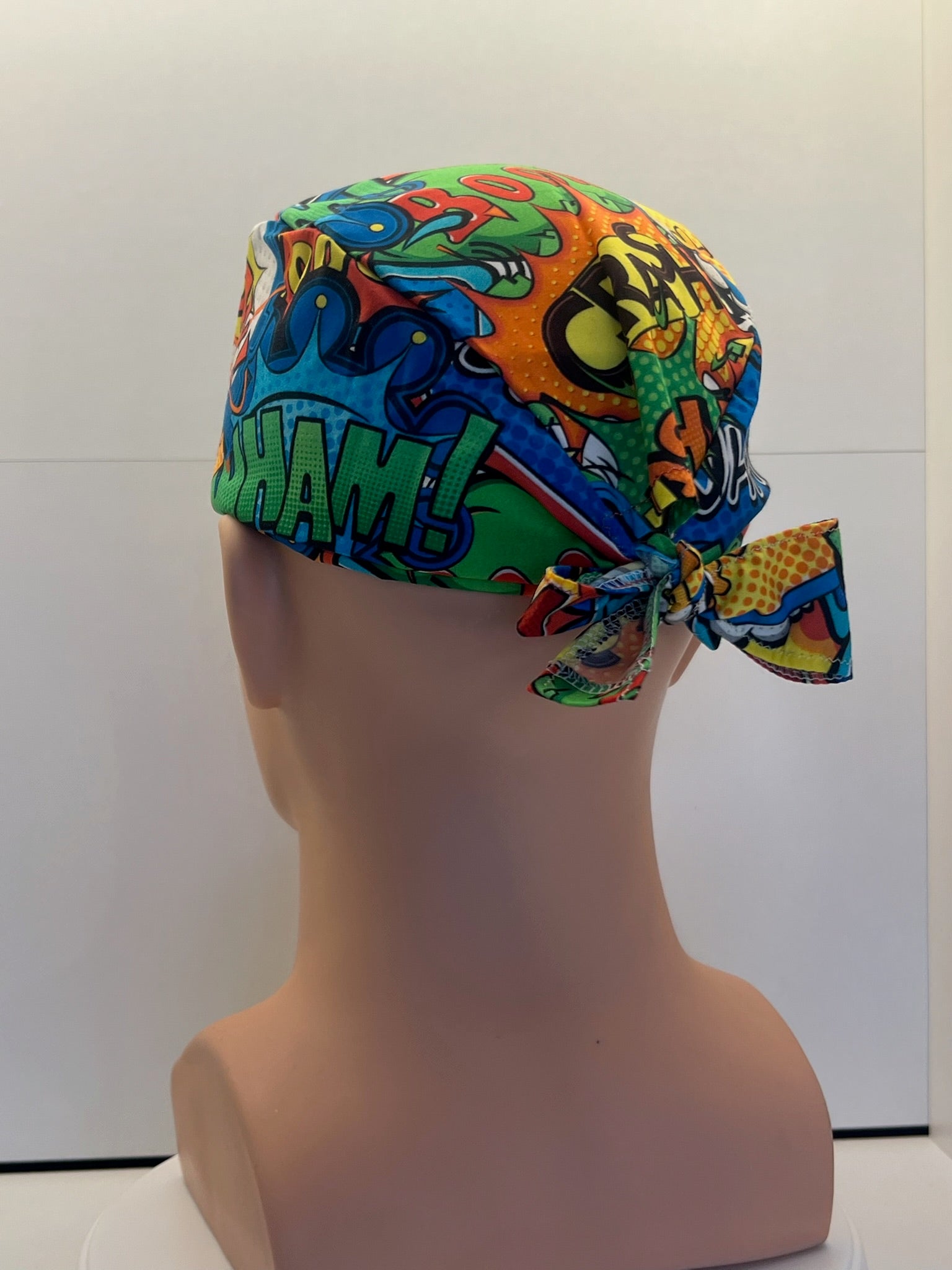 Bright Superhero Slogans Cotton Fabric tie-back theatre scrub cap / hat