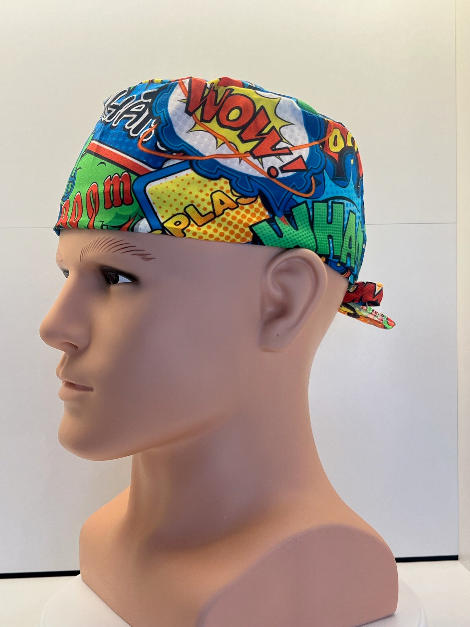 Bright Superhero Slogans Cotton Fabric tie-back theatre scrub cap / hat