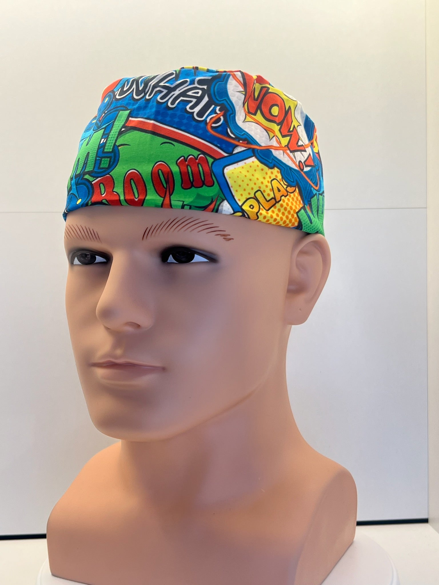 Bright Superhero Slogans Cotton Fabric tie-back theatre scrub cap / hat