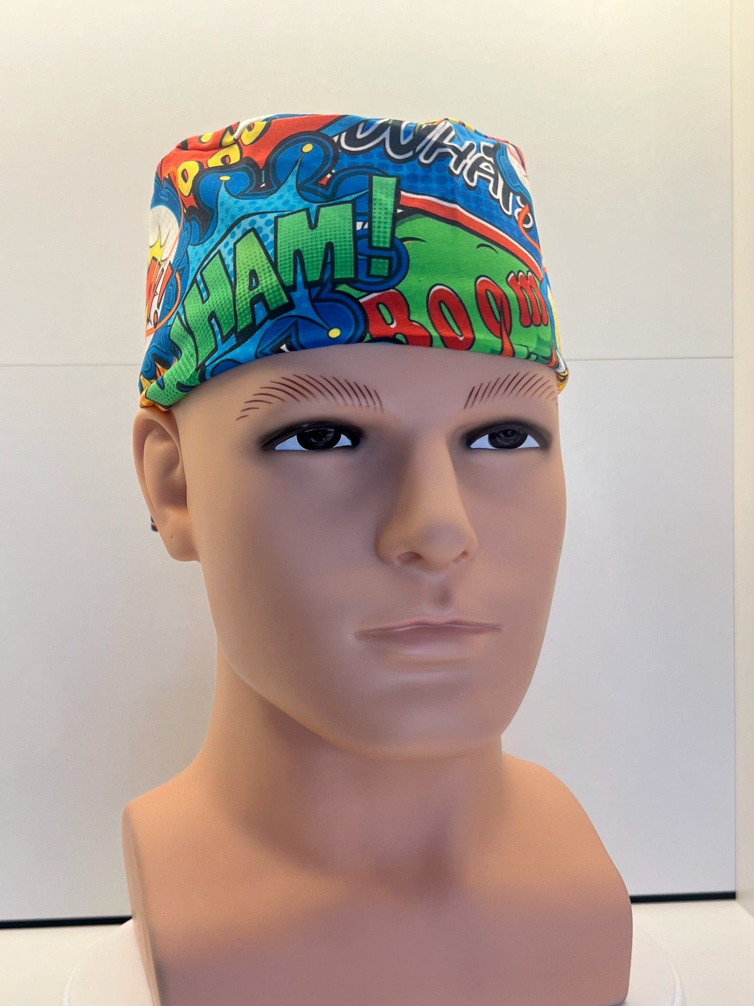 Bright Superhero Slogans Cotton Fabric tie-back theatre scrub cap / hat