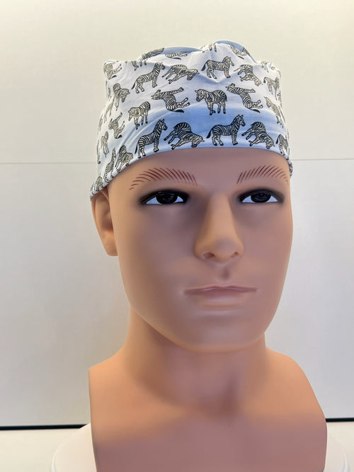 Blue Zebras Cotton 100% Cotton Tie-Back Surgical/Theatre Scrub Hat/Cap. UK Handmade