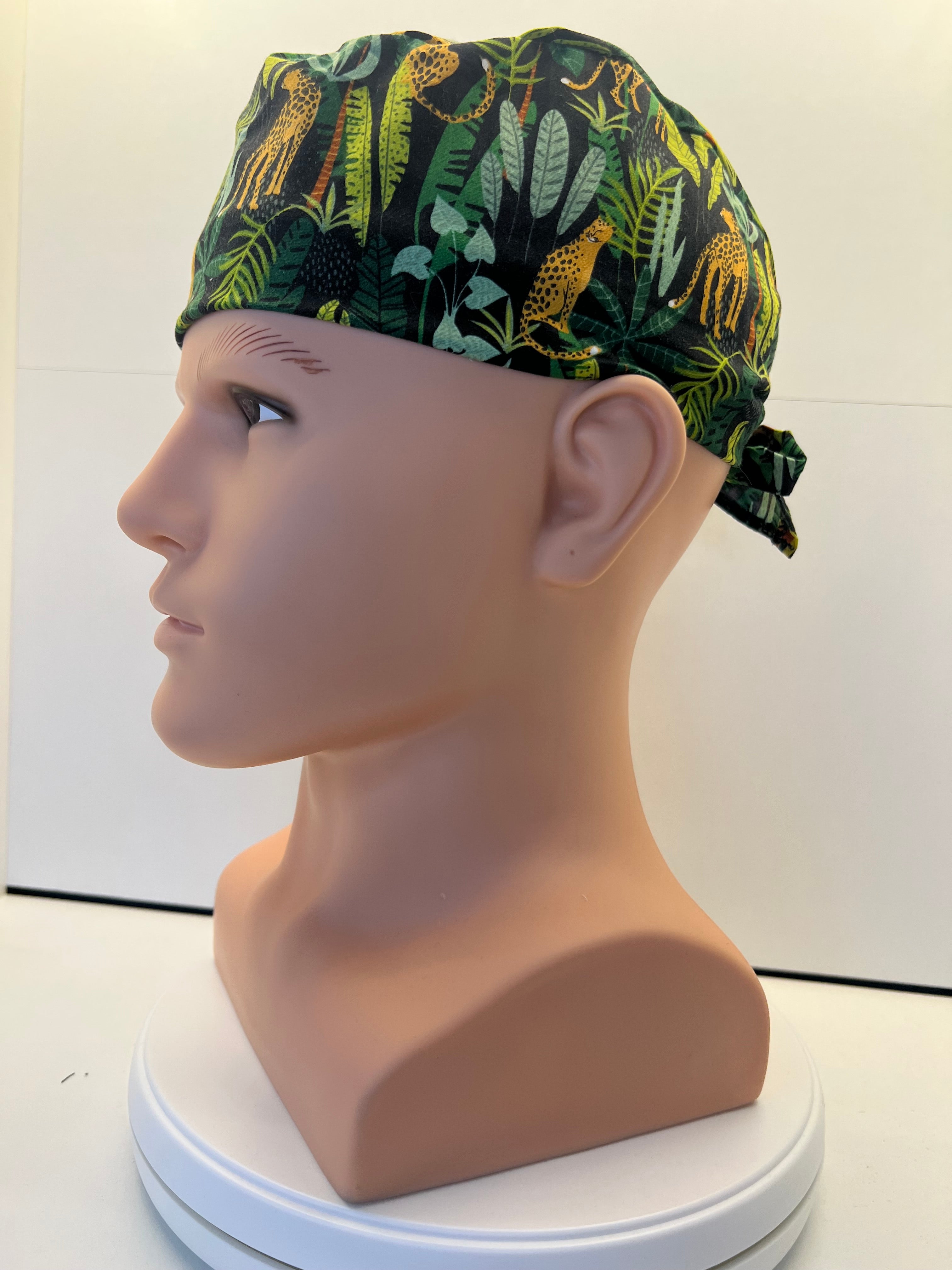 Jaguar Jungle Cotton Fabric tie-back theatre scrub cap / hat. UK handmade