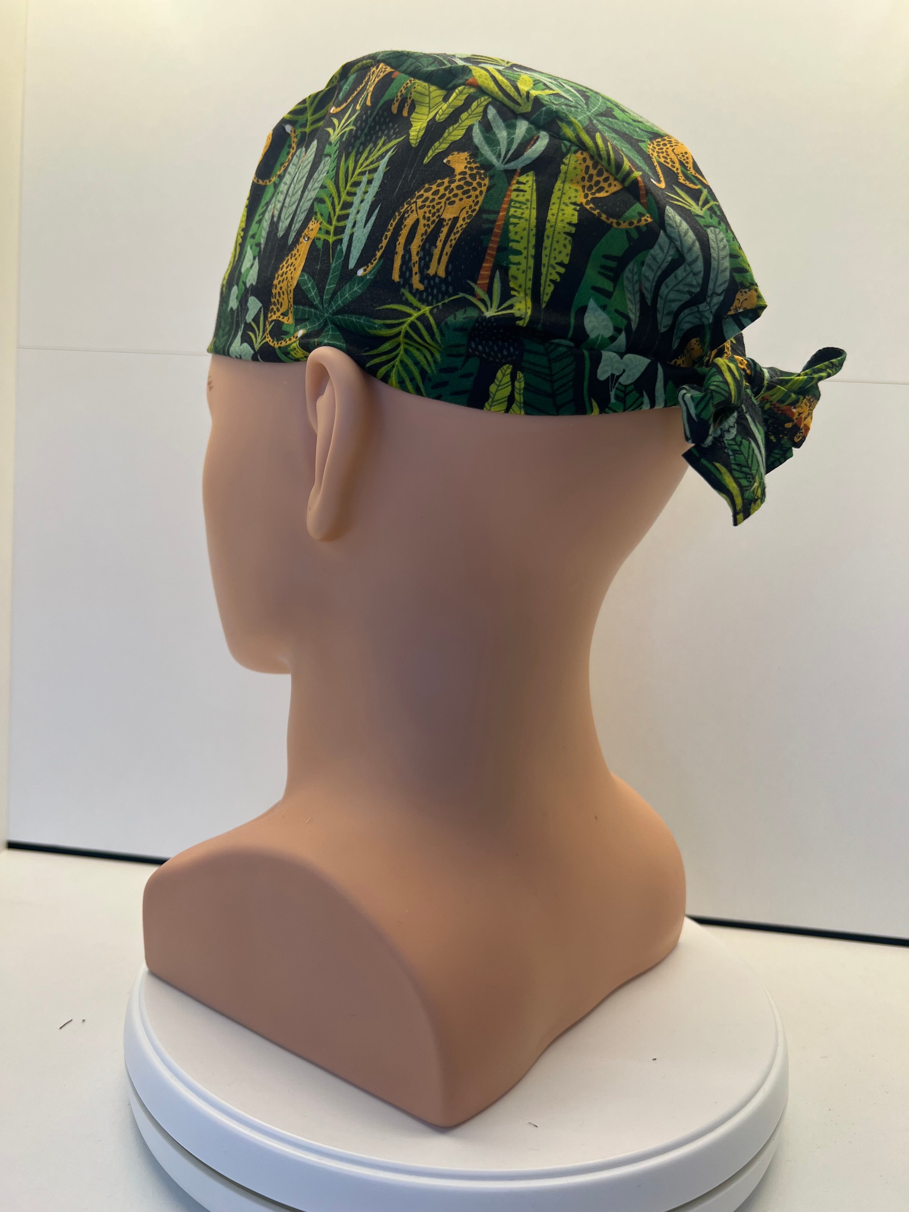 Jaguar Jungle Cotton Fabric tie-back theatre scrub cap / hat. UK handmade