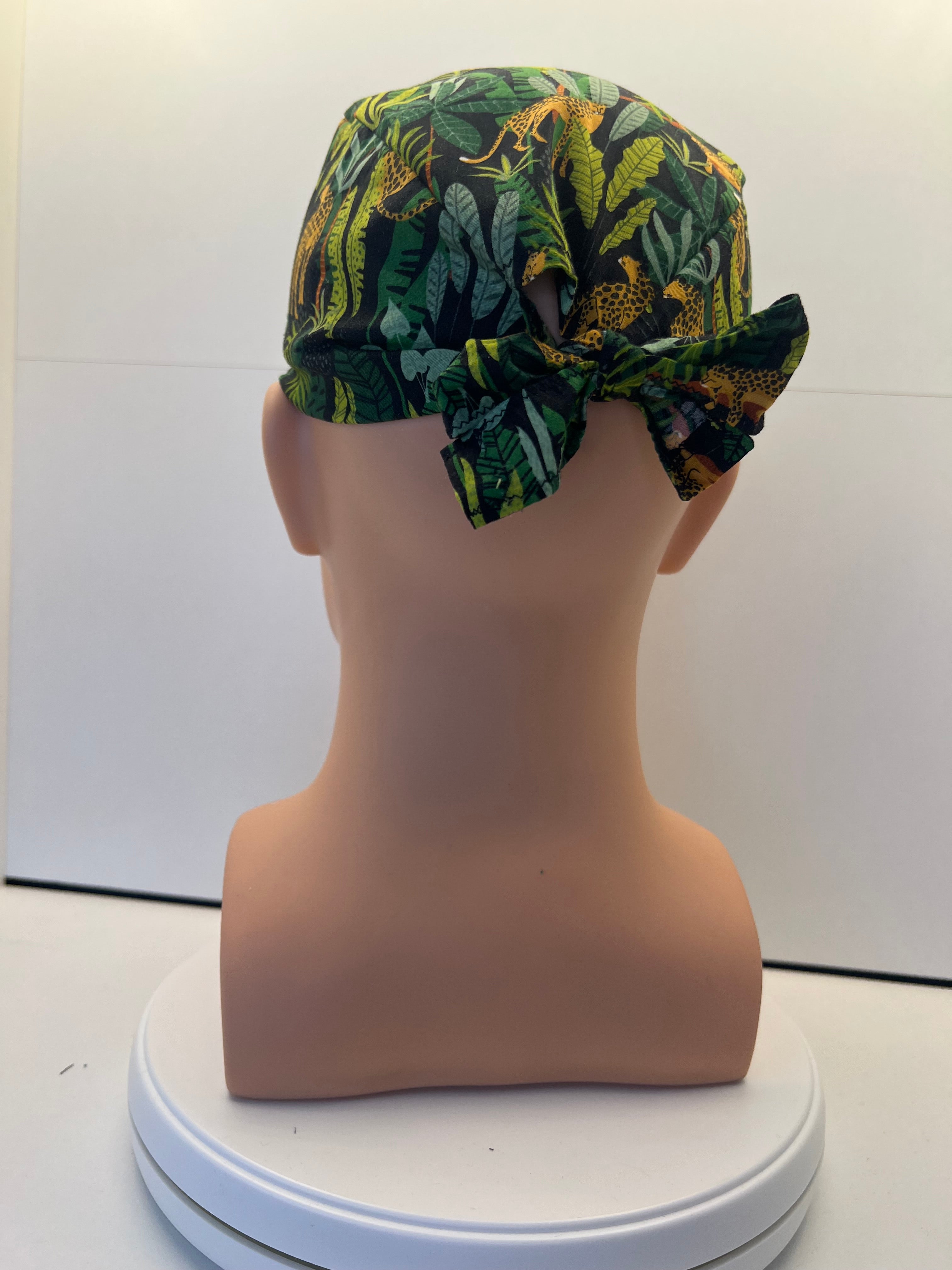 Jaguar Jungle Cotton Fabric tie-back theatre scrub cap / hat. UK handmade