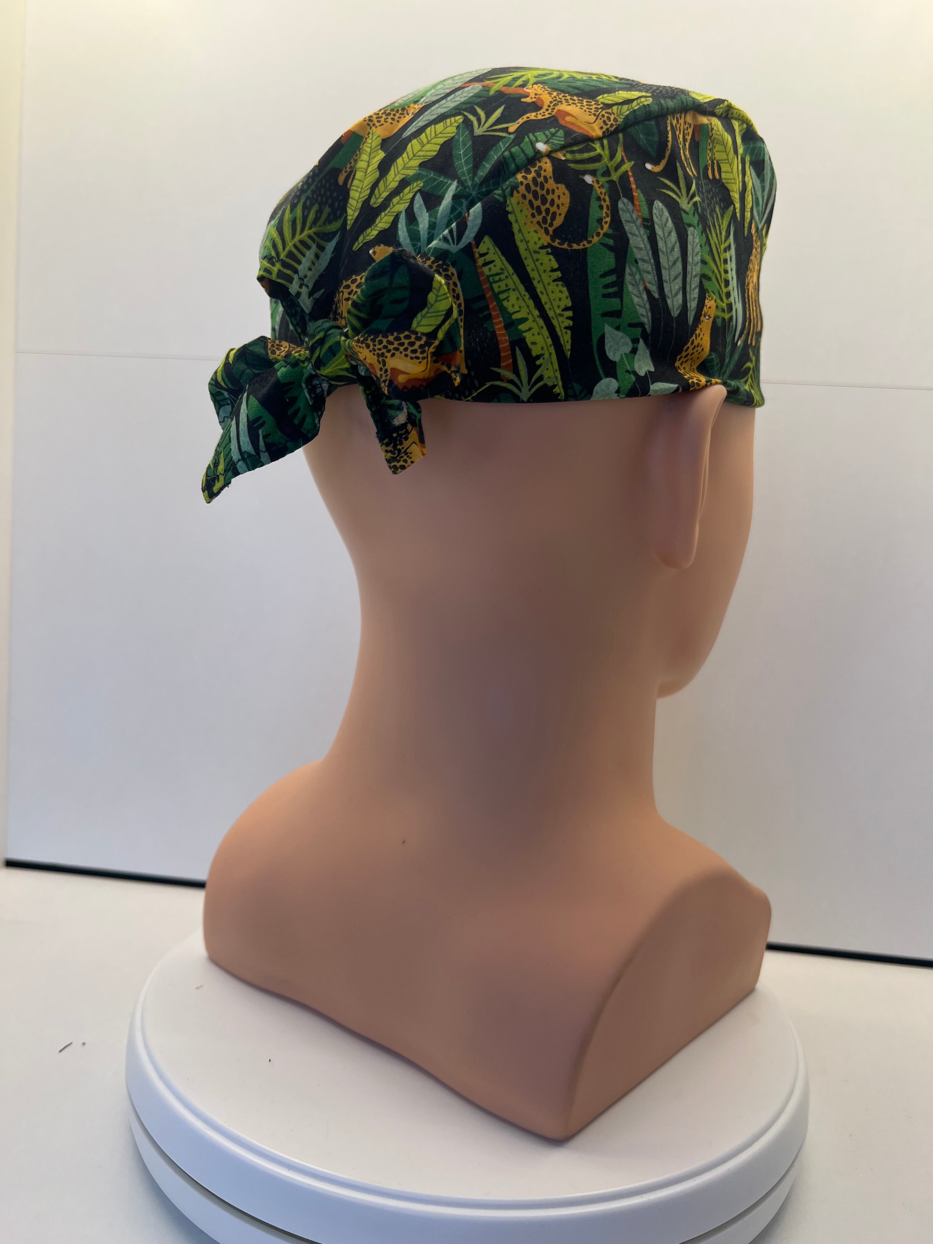 Jaguar Jungle Cotton Fabric tie-back theatre scrub cap / hat. UK handmade