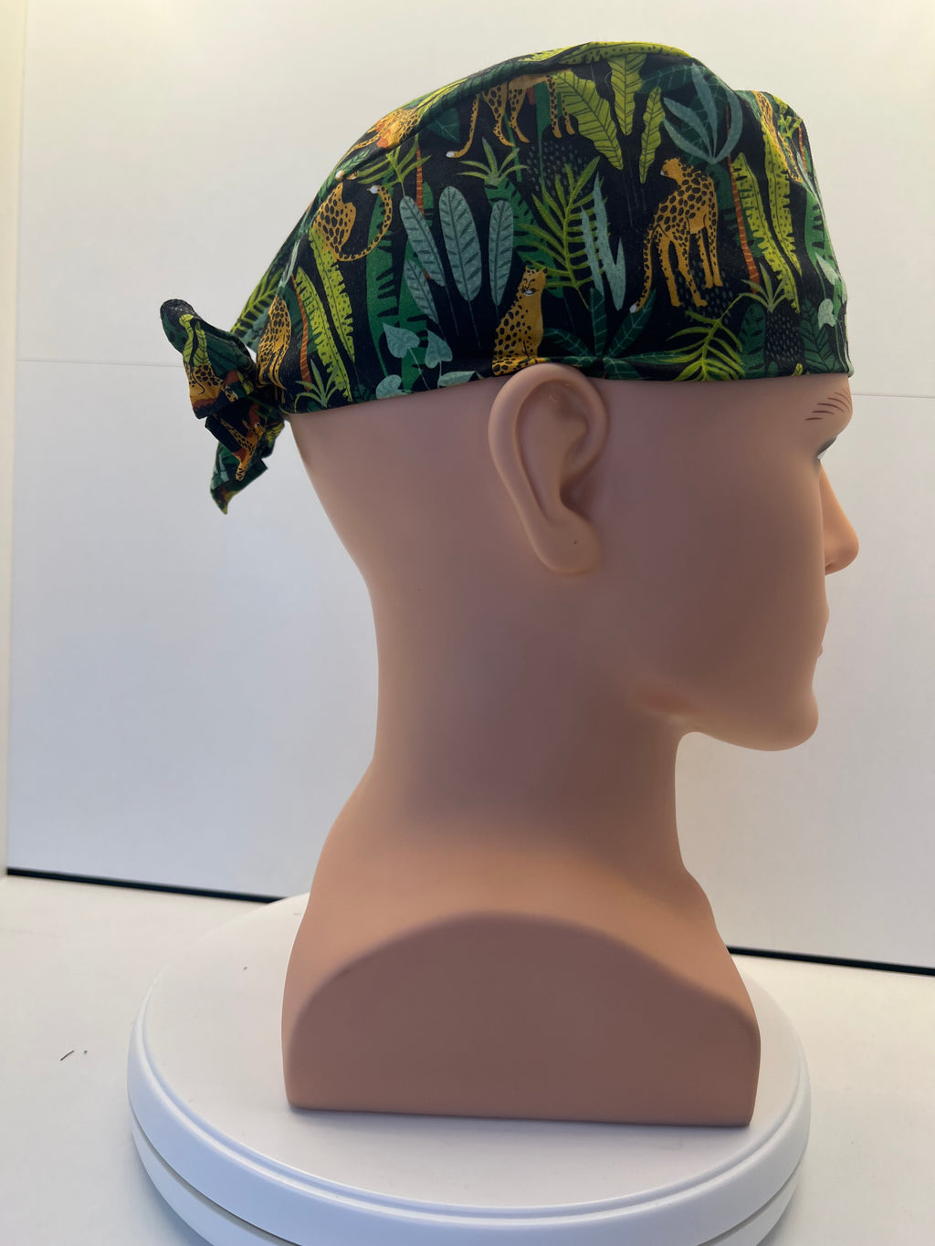 Jaguar Jungle Cotton Fabric tie-back theatre scrub cap / hat. UK handmade