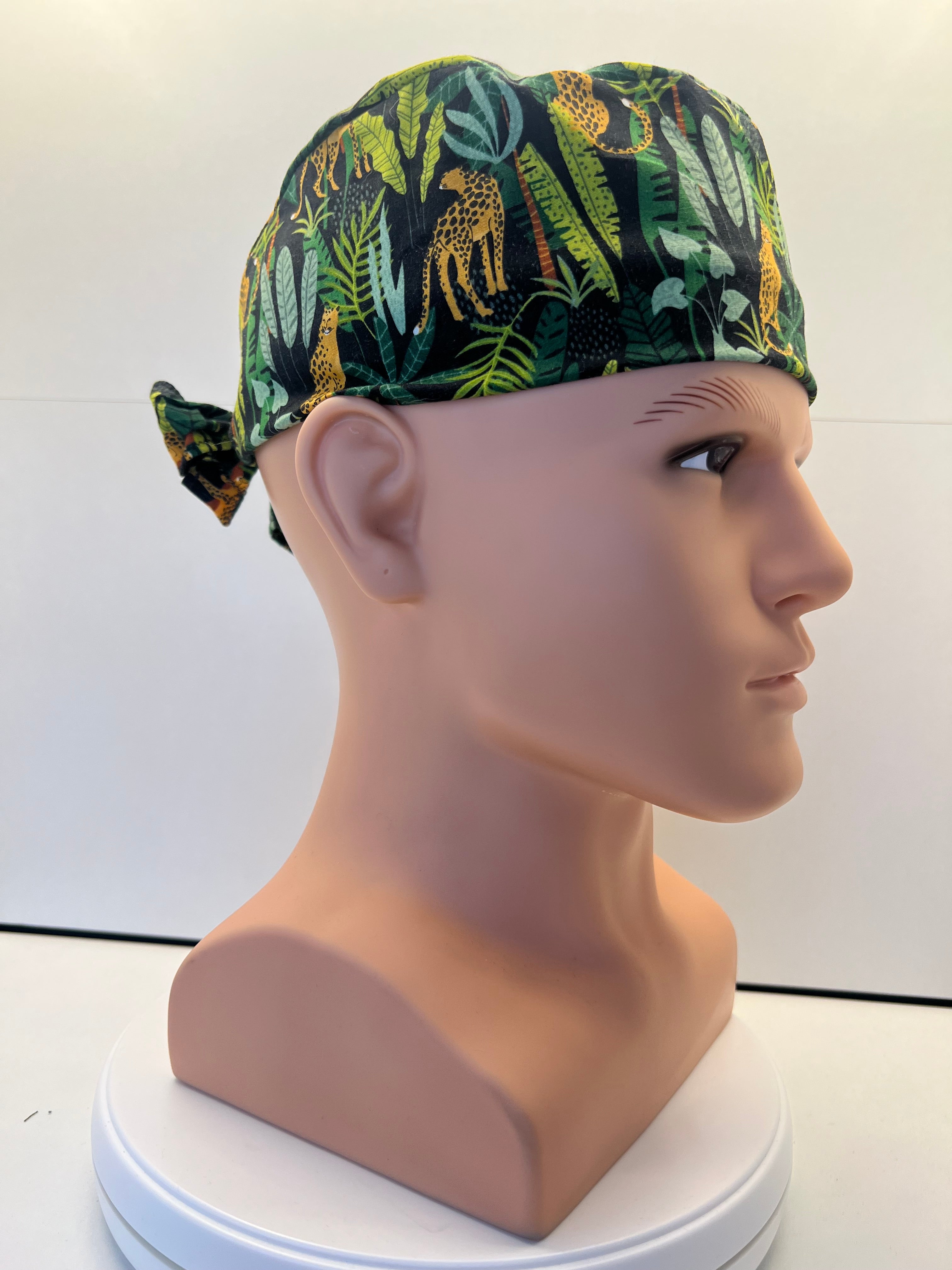 Jaguar Jungle Cotton Fabric tie-back theatre scrub cap / hat. UK handmade