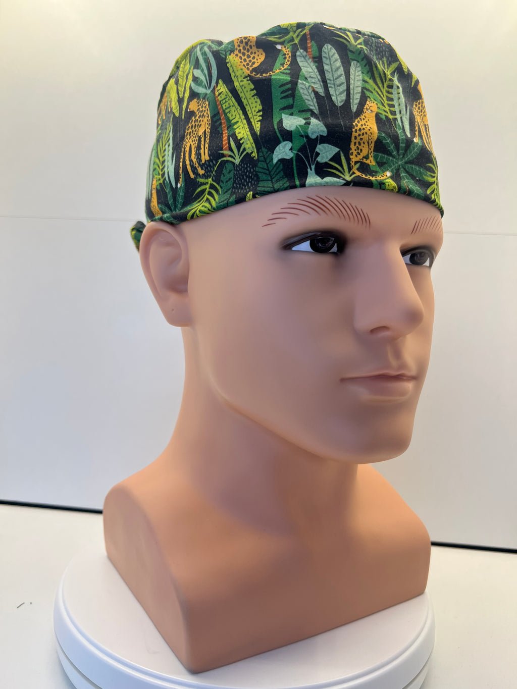 Jaguar Jungle Cotton Fabric tie-back theatre scrub cap / hat. UK handmade