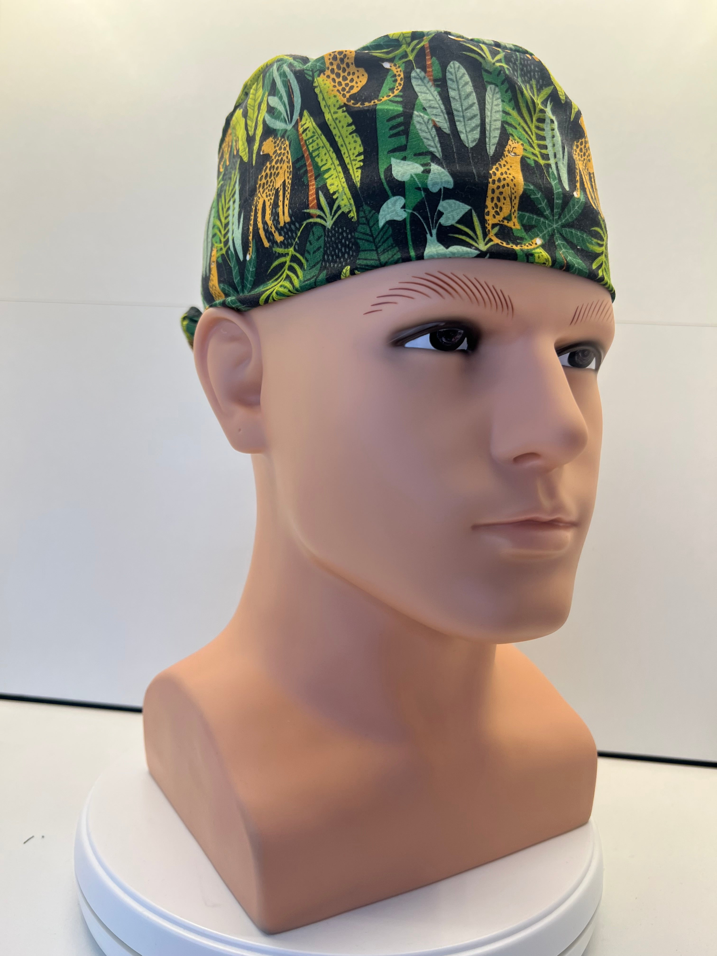Jaguar Jungle Cotton Fabric tie-back theatre scrub cap / hat. UK handmade