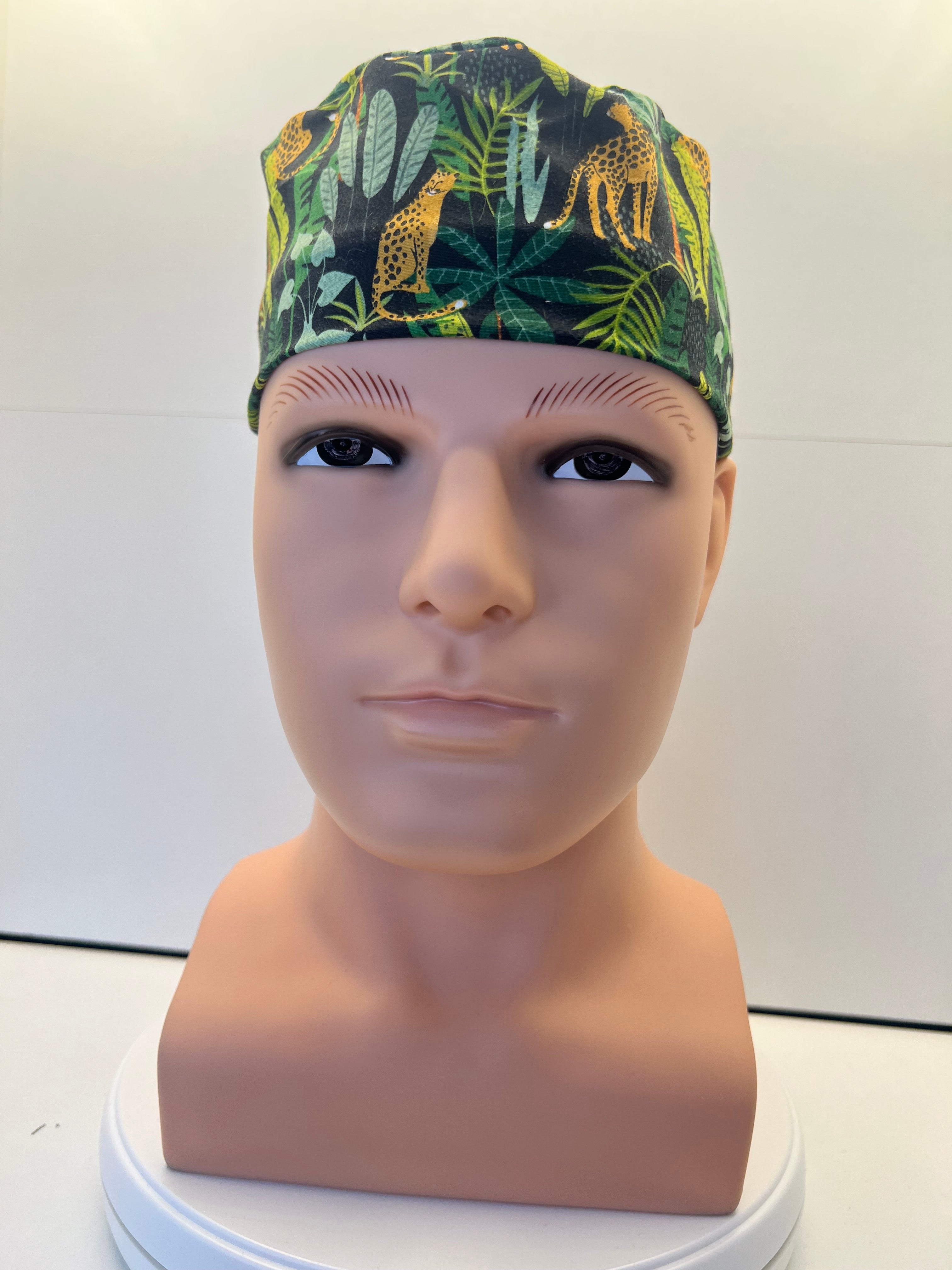 Jaguar Jungle Cotton Fabric tie-back theatre scrub cap / hat. UK handmade