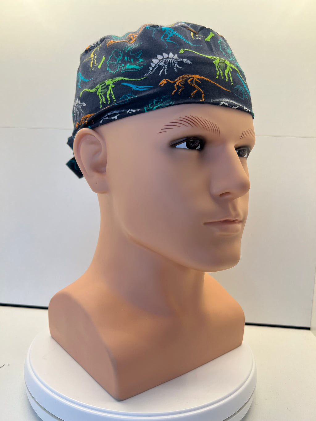 Navy Dino Fossils Fabric Tie Back Scrub Cap/ Theatre Hat. UK Handmade