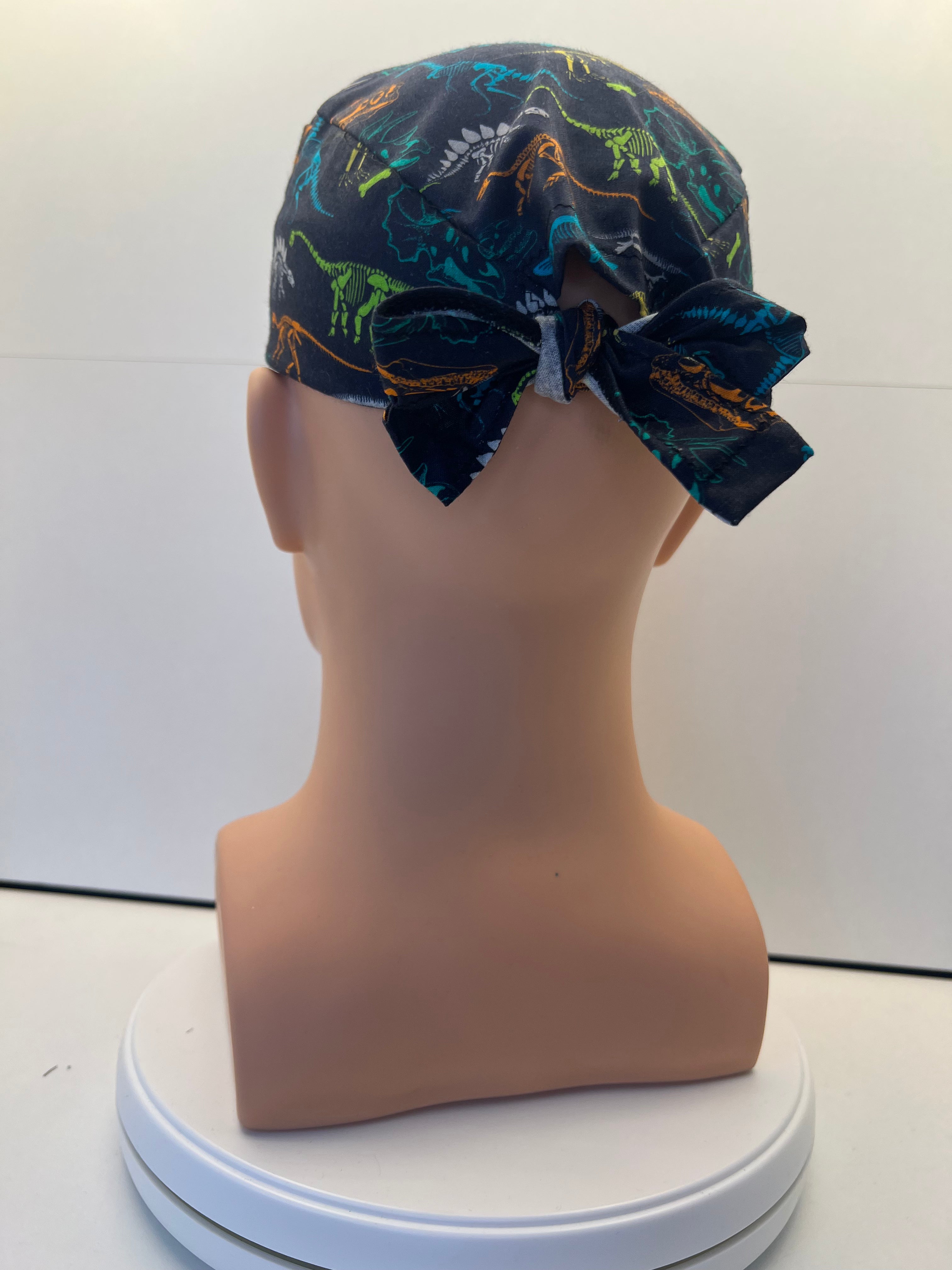 Navy Dino Fossils Fabric Tie Back Scrub Cap/ Theatre Hat. UK Handmade