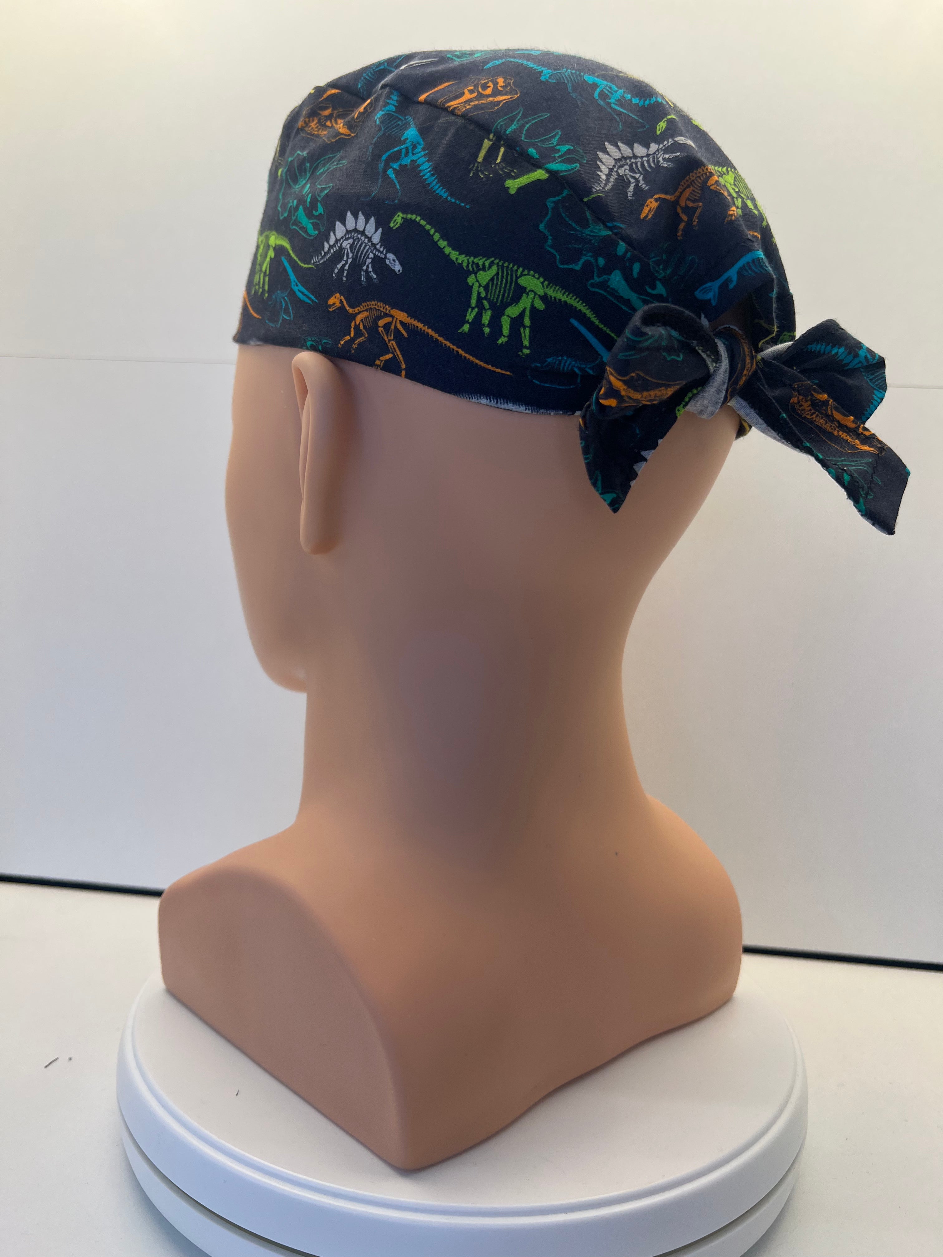Navy Dino Fossils Fabric Tie Back Scrub Cap/ Theatre Hat. UK Handmade
