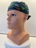 Navy Dino Fossils Fabric Tie Back Scrub Cap/ Theatre Hat. UK Handmade