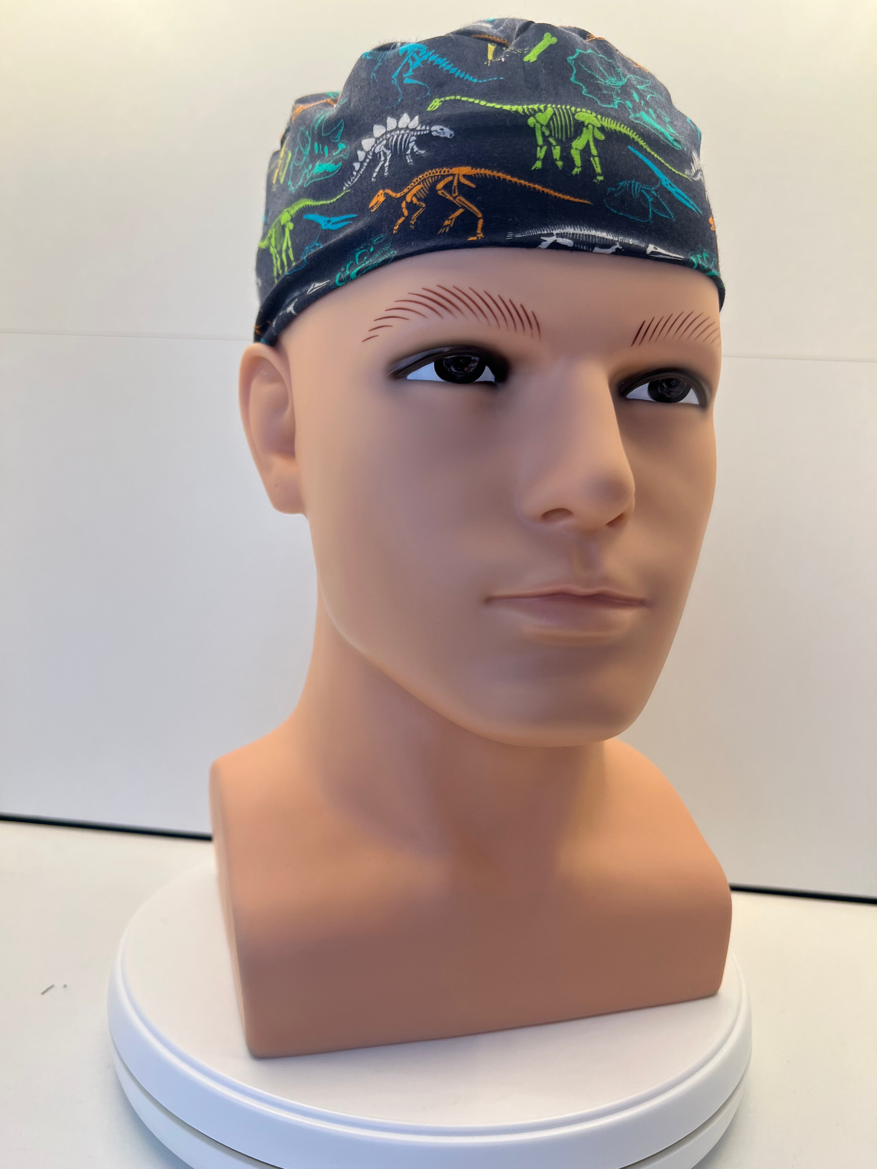 Navy Dino Fossils Fabric Tie Back Scrub Cap/ Theatre Hat. UK Handmade