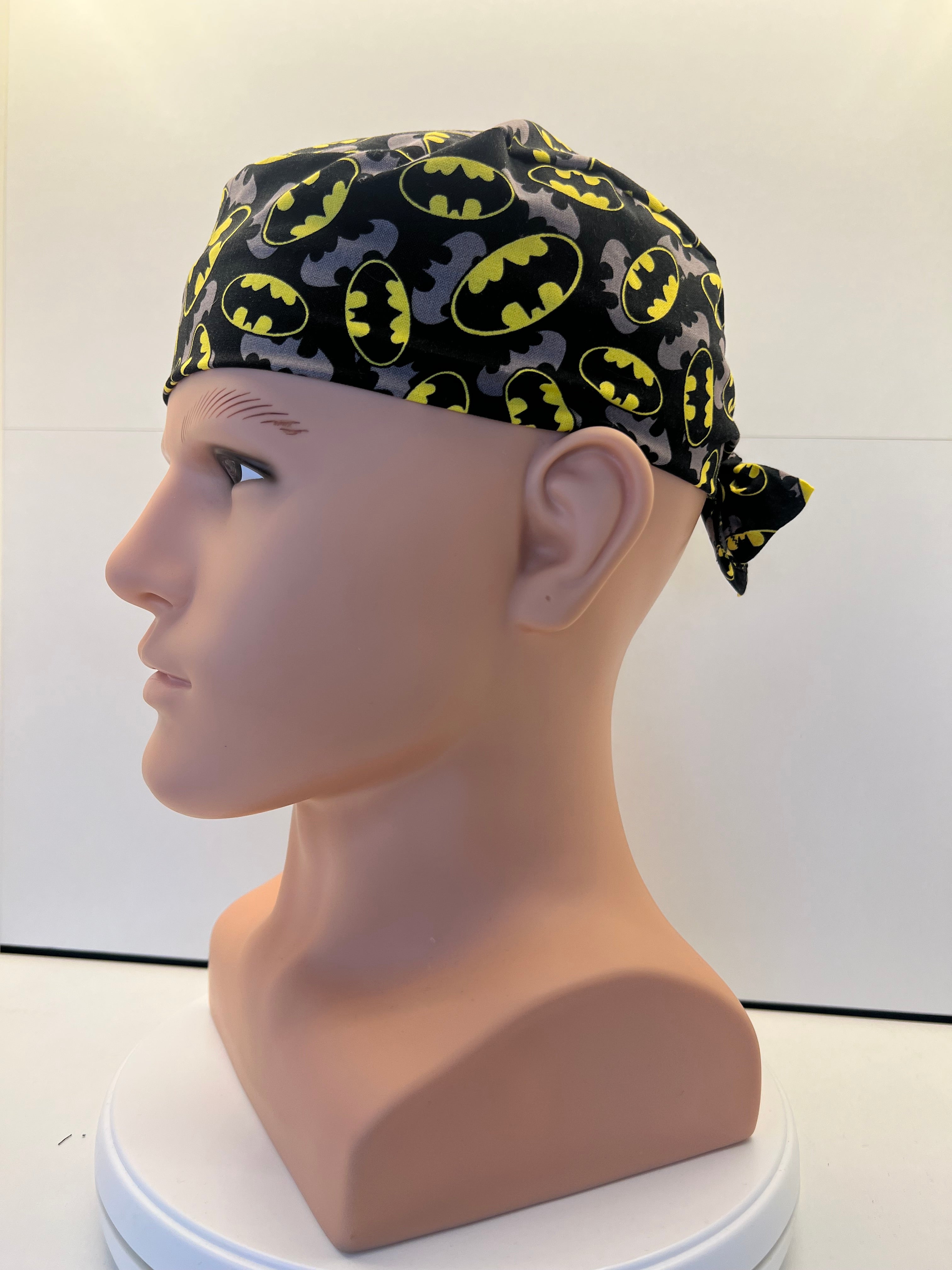 Batman Superhero Design 100% Cotton Tie-Back Surgical/Theatre Scrub Hat/Cap. UK Handmade